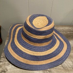 Express M/L Floppy Wide Brimmed Hat Blue /Tan/Gold Beach Vacation Boho Garden